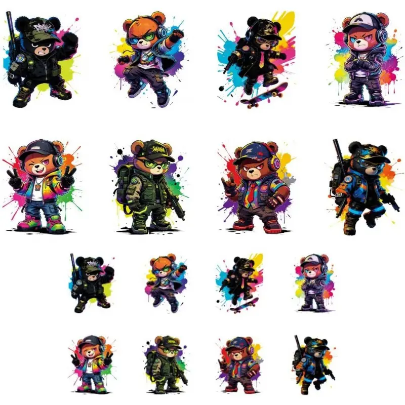 16 Sheets Animal Iron on Transfers for T-Shirts Graffiti Bears DTF Transfers Ready to Press, Washable Iron on Decals for Lady Women Men Clothing Hat Bag Pillow DIY Crafts