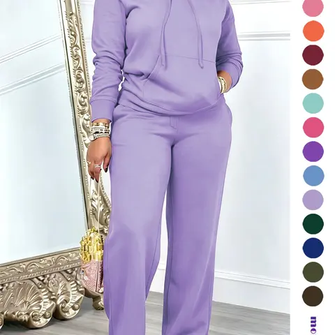 【Black Friday】Two-Piece Set Women's Basic Solid Adjustable Drawstring Hoodie & High Waist Pants, Long Sleeve Pocket Hooded Sweatshirt & Straight Leg Trousers for Spring & Fall, Ladies' Clothes for Daily Wear