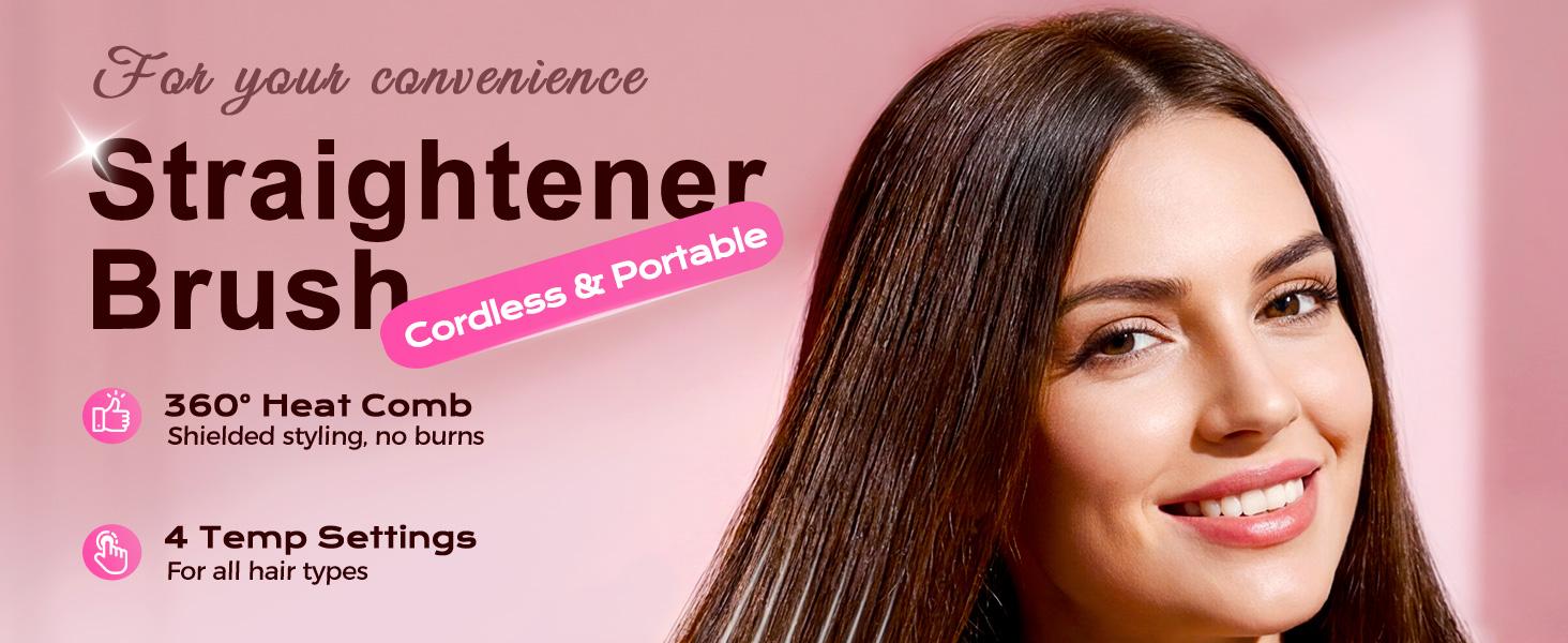 Go Brush - Pro for Short Hair - 2026 Upgraded Cordless Straightening Brush with 30s Fast Heat, 3 Temperature Settings, Ionic & Ceramic Care, 2500mAh USB-C Rechargeable for Frizz-Free Styling (Pink)