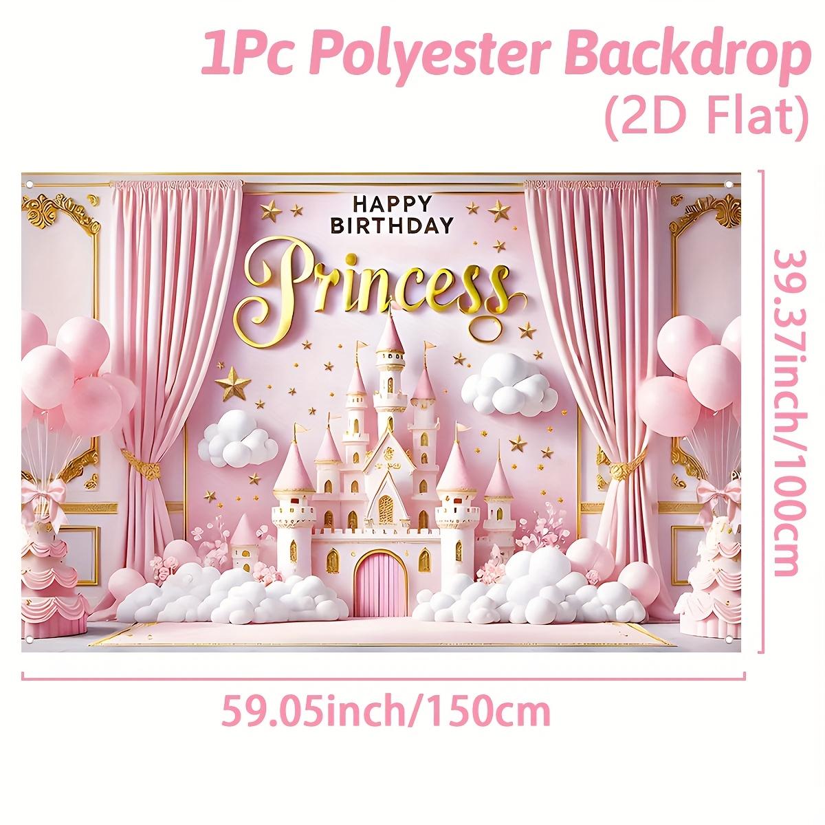 Pink birthday celebration background fabric, princess-themed party balloon castle pattern background fabric, birthday party decoration, baby party photography supplies, birthday party banner tapestry funny room tapestry durable man