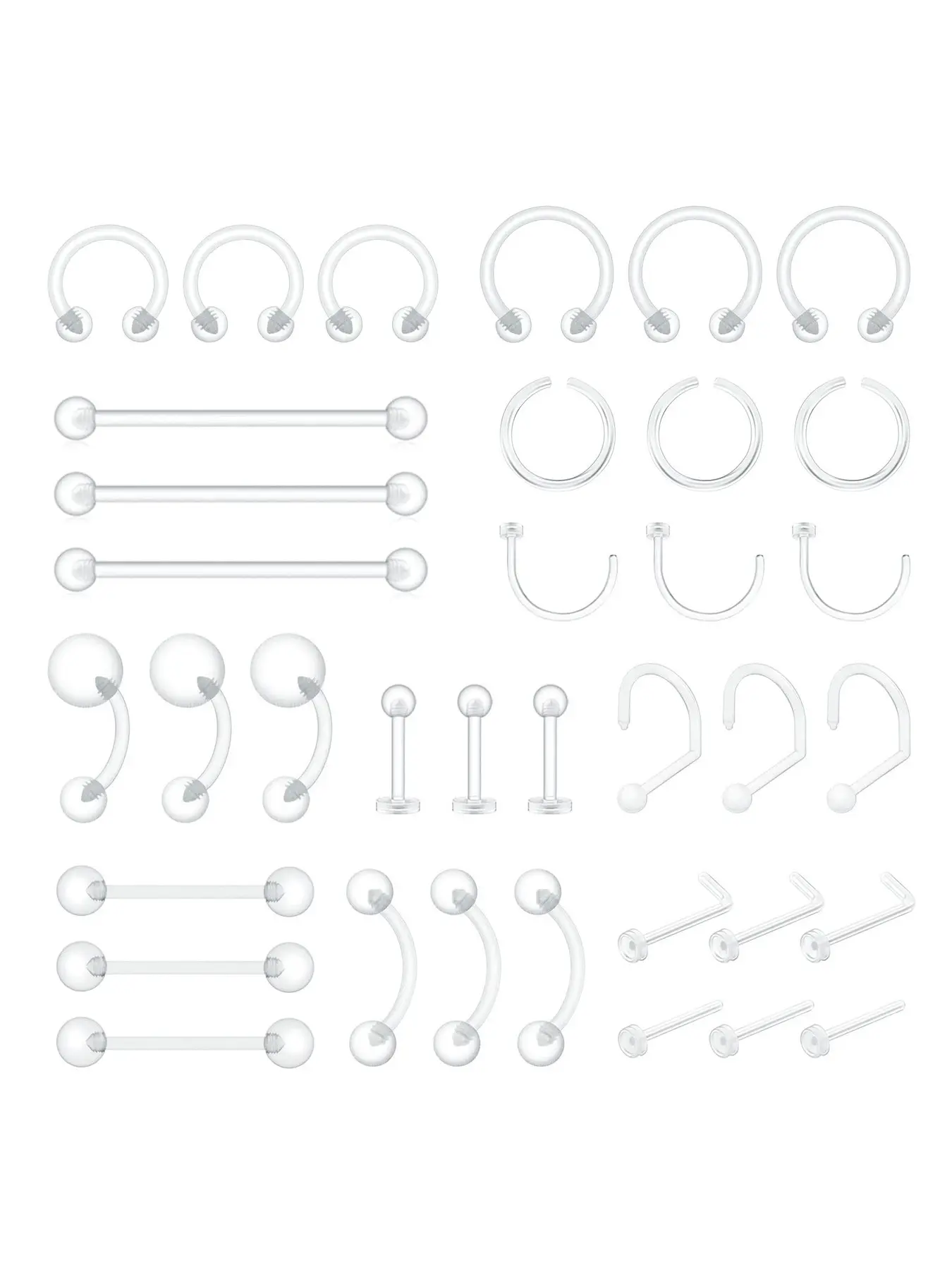 36pcs Clear Piercing Retainers, Bioflex Nose Rings, Belly Rings, Septum Eyebrow Lip Cartilage Tragus Earring Retainer, Plastic Piercing Jewelry, Body Piercing Jewelry