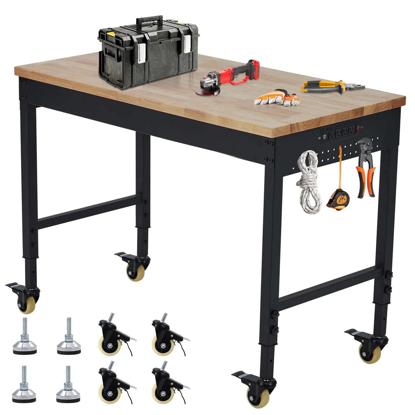 Heavy Duty Rolling Garage Workbench, 72”×25” Adjustable Height Rubberwood Top Work Table, 2000LB Capacity Workstation with Power Ports Lockable Wheels for Mechanic Workshop