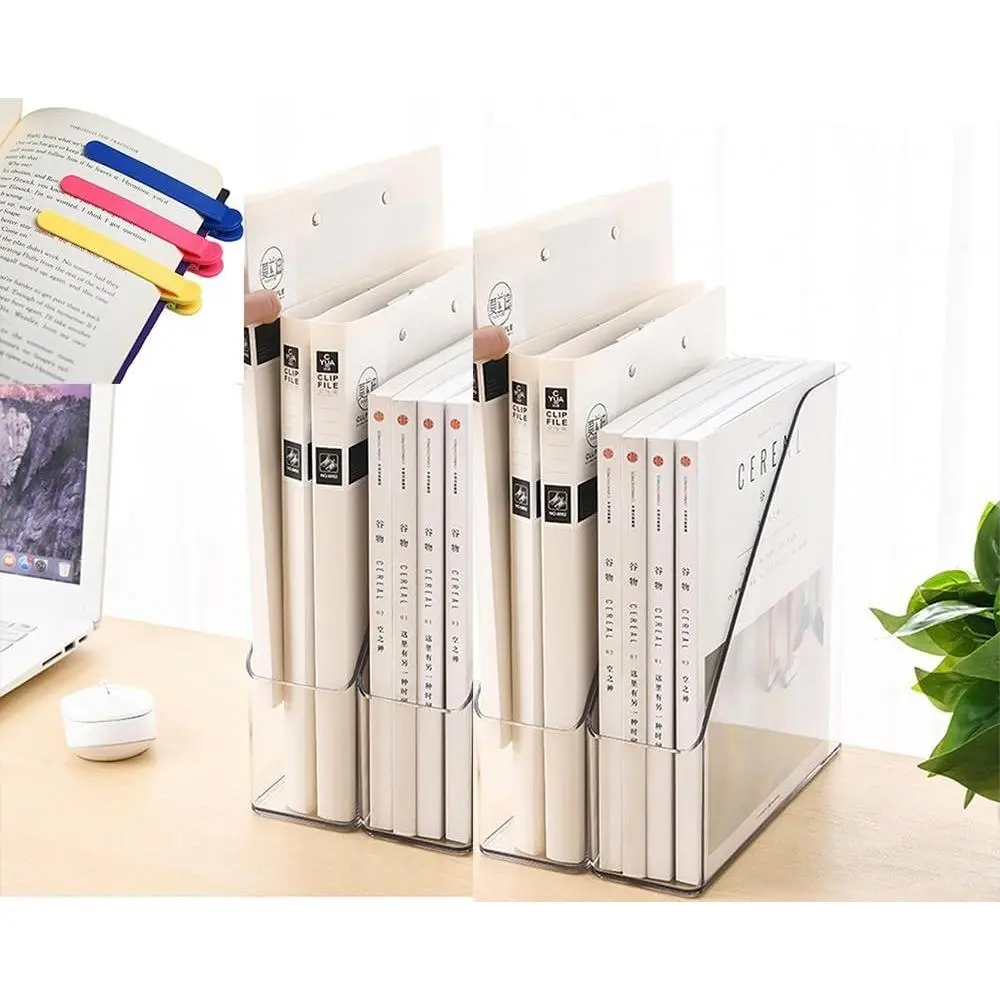 Acrylic Magazine Holder, 4 Pack Clear File Organizer for Office Desk, Book & Magazine Storage Rack with 3 Silicone Automatic Bookmarks