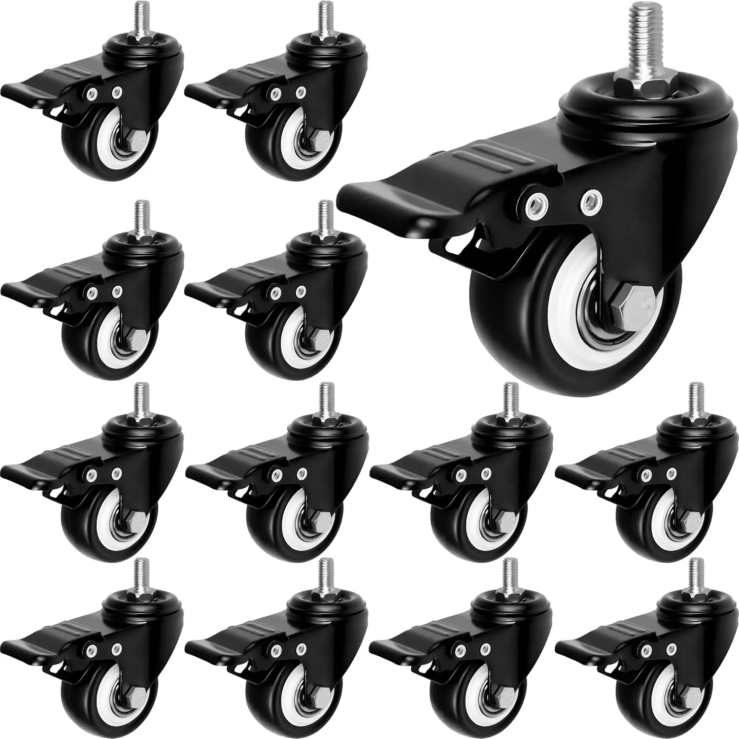 Heavy Duty Swivel Caster Wheels with  , 2-in M8x15mm, 12 count | 400 lb Capacity, 360  Polyurethane Locking Casters, No Noise, M8 Threaded Stem Wheels for Desk Workbench Cart