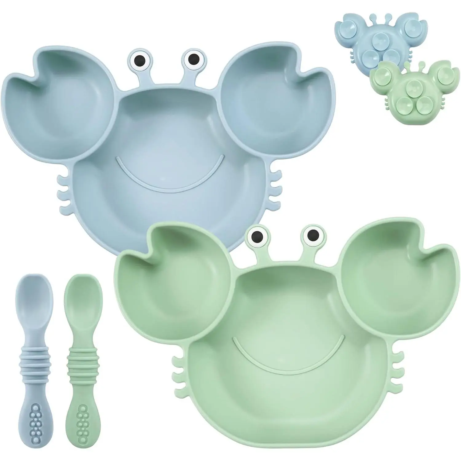 Baby Toddler Silicone Suction Plate Set - 2 Pack Divided Crab Shape Silicone Plates, 2 Pack Spoons, Unbreakable Toddler Size Self-Feeding Utensils, Blue&Green New Model LED Weaning Dinnerware Supplies, Silicone Plate