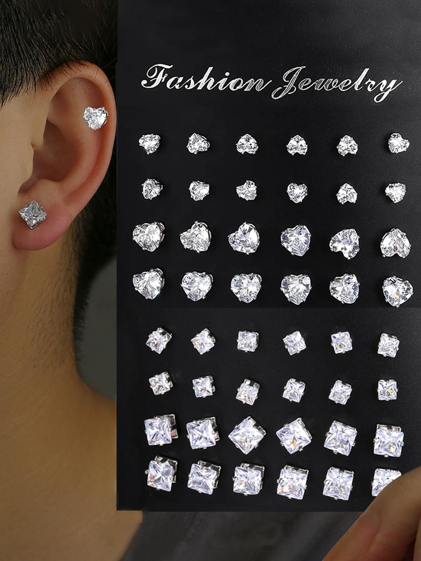Fashion Mixed Size Rhinestone Decorated Stud Earring, Casual Heart & Square Shaped Stud Earrings for Women & Men, Jewelry for Party, Daily Clothing Decor for Girl & Boy, Valentine's Day Gift