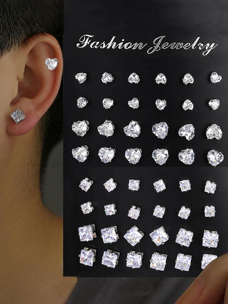 Fashion Mixed Size Rhinestone Decorated Stud Earring, Casual Heart & Square Shaped Stud Earrings for Women & Men, Jewelry for Party, Daily Clothing Decor for Girl & Boy, Valentine's Day Gift