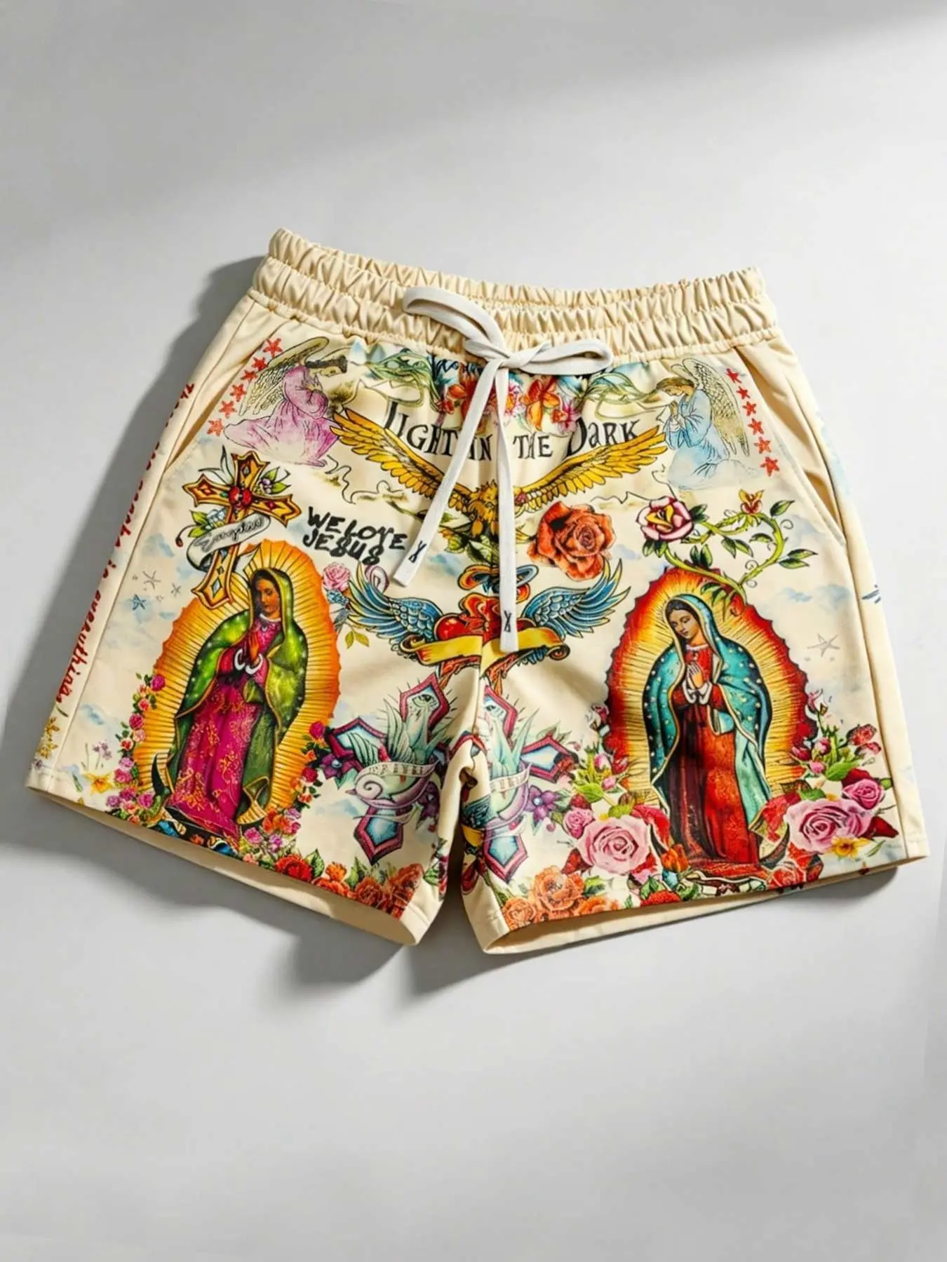 Unisex Retro Virgin Print Shorts, Casual Graphic Shorts, Jesus Eagle Rose Cross Angel Pattern Sports Shorts Y2K Hip-Hop Loose Drawstring Elastic Waist Religious Street Couple Beach Tattoo Print Shorts