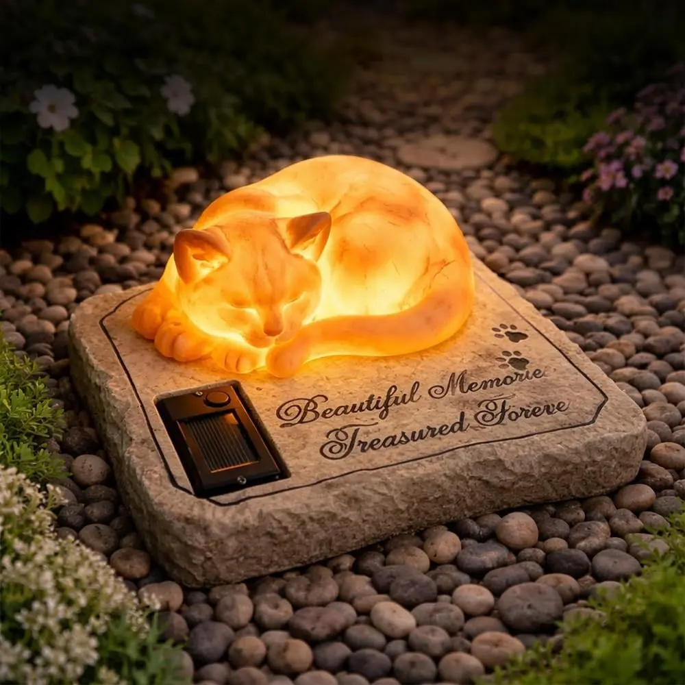 Solar Light Cat Memorial Garden Stones with A Sleeping Kitty Statue - Auto Glow at Night Resin Grave Markers Headstones for Cat Sympathy Memorial Gifts Loss Gifts Outdoors, 8"x6.5"x3"