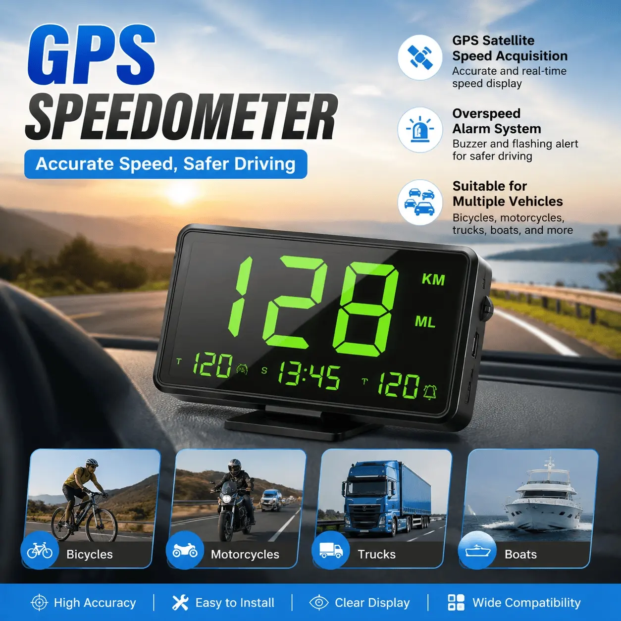Universal GPS Speedometer: Automotive Real-Time MPH/KPH Display for Car Motorcycle Truck Bike. HD Screen, Easy Installation, Enhanced Driving Safety. Essential for Commuting & Long Trips. Dual Unit Switching for Global Use.