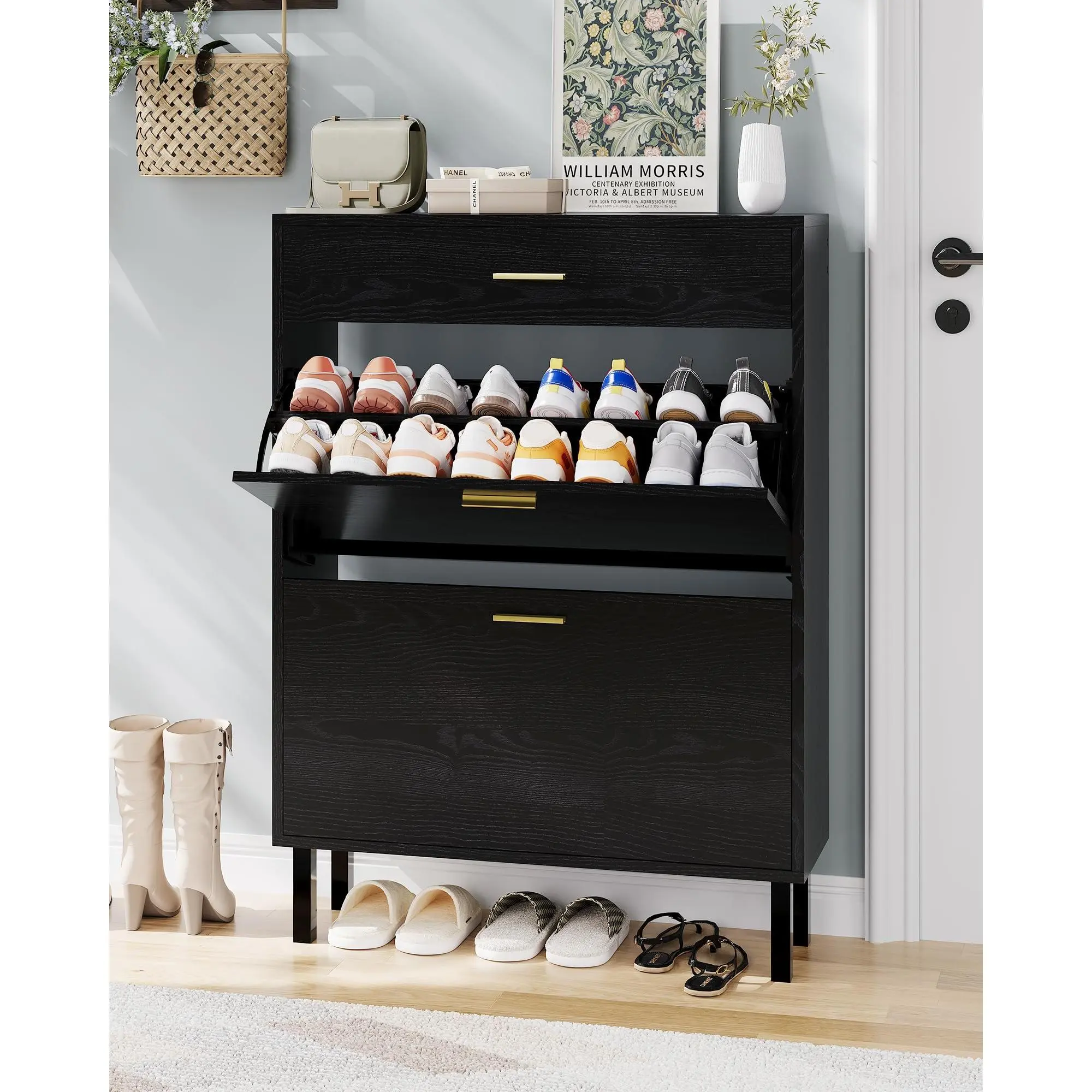 Space-Saving Shoe Storage Cabinet – Narrow Freestanding Organizer with 3 Drawers, Adjustable 3-Tier Shelves for Entryway, Hallway, or Porch – Fits Slippers, Sneakers, Heels, Boots