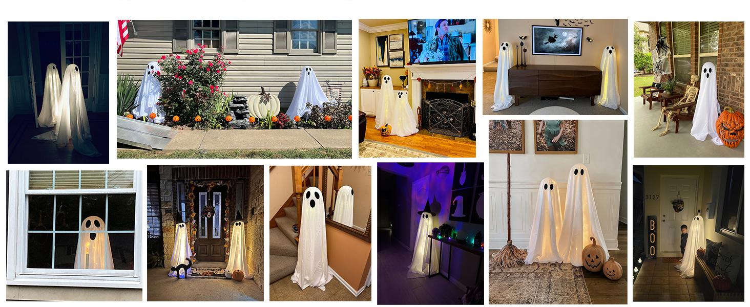2Packs Halloween Decorations Outdoor, Spooky Halloween Ghost Decor with Remote String Lights Battery Operated, Easy to Assemble Ghost Decorations for Front Porch Yard