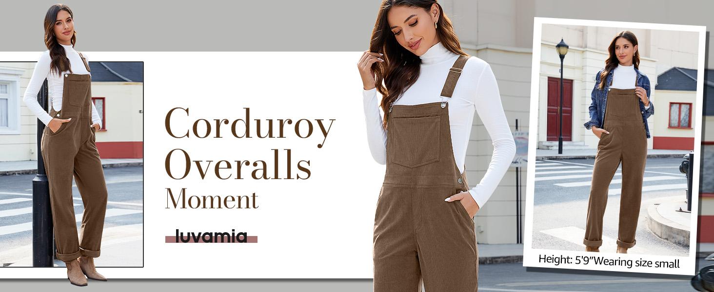 Luvamia Corduroy Overalls for Women Loose Fit Baggy Straight Casual Adjustable Straps Bib Jumpsuit with Pockets Basic Womenswear Soft Stretchy Fabric