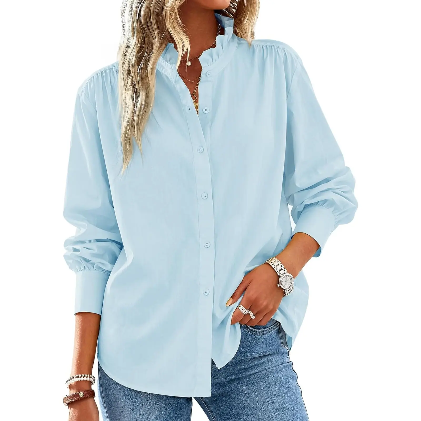 Cicy Bell Womens Oversized Button Down Shirts Casual Dressy Long Sleeve Ruffle Stand Collar Tops Side Split Work Blouse