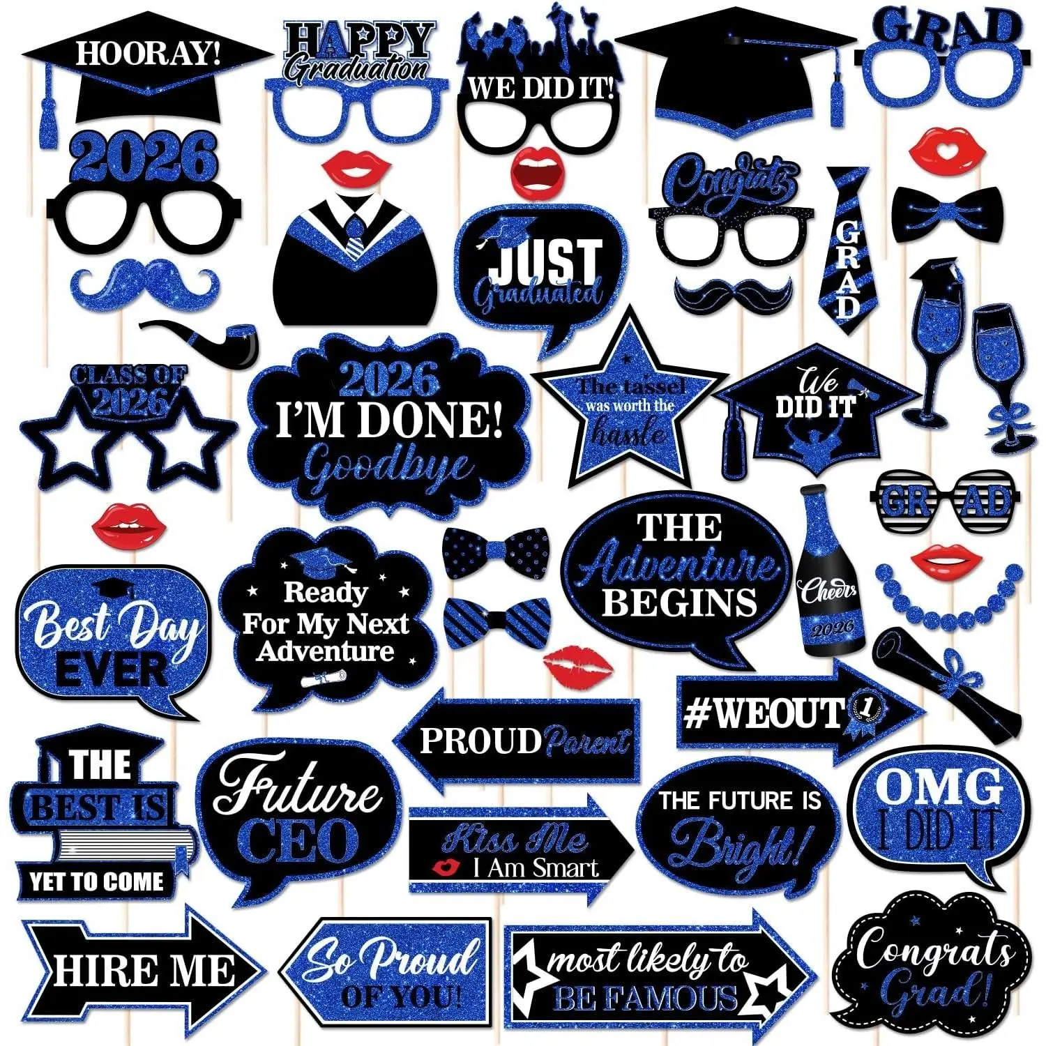 46Pcs Black Blue Graduation Photo Booth Props 2026 Graduation Decorations with Sticks Class of 2026 Grad Party Favors Supplies for High School & College