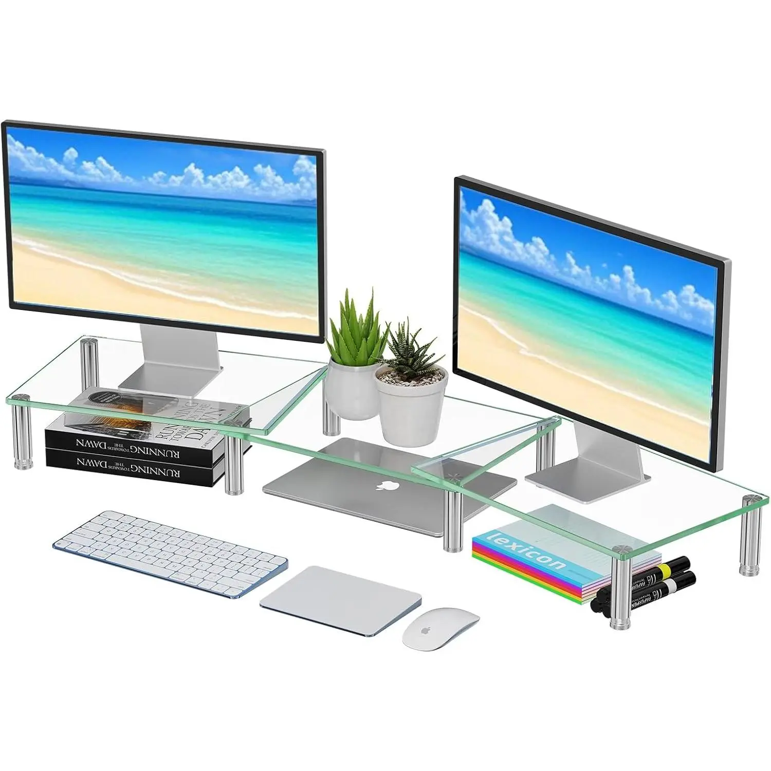 Stand Riser,  Office Desktop Organizer for 2 Monitors with Tempered Glass, Adjustable Length and Angle Stand for Laptop,Printer,TV