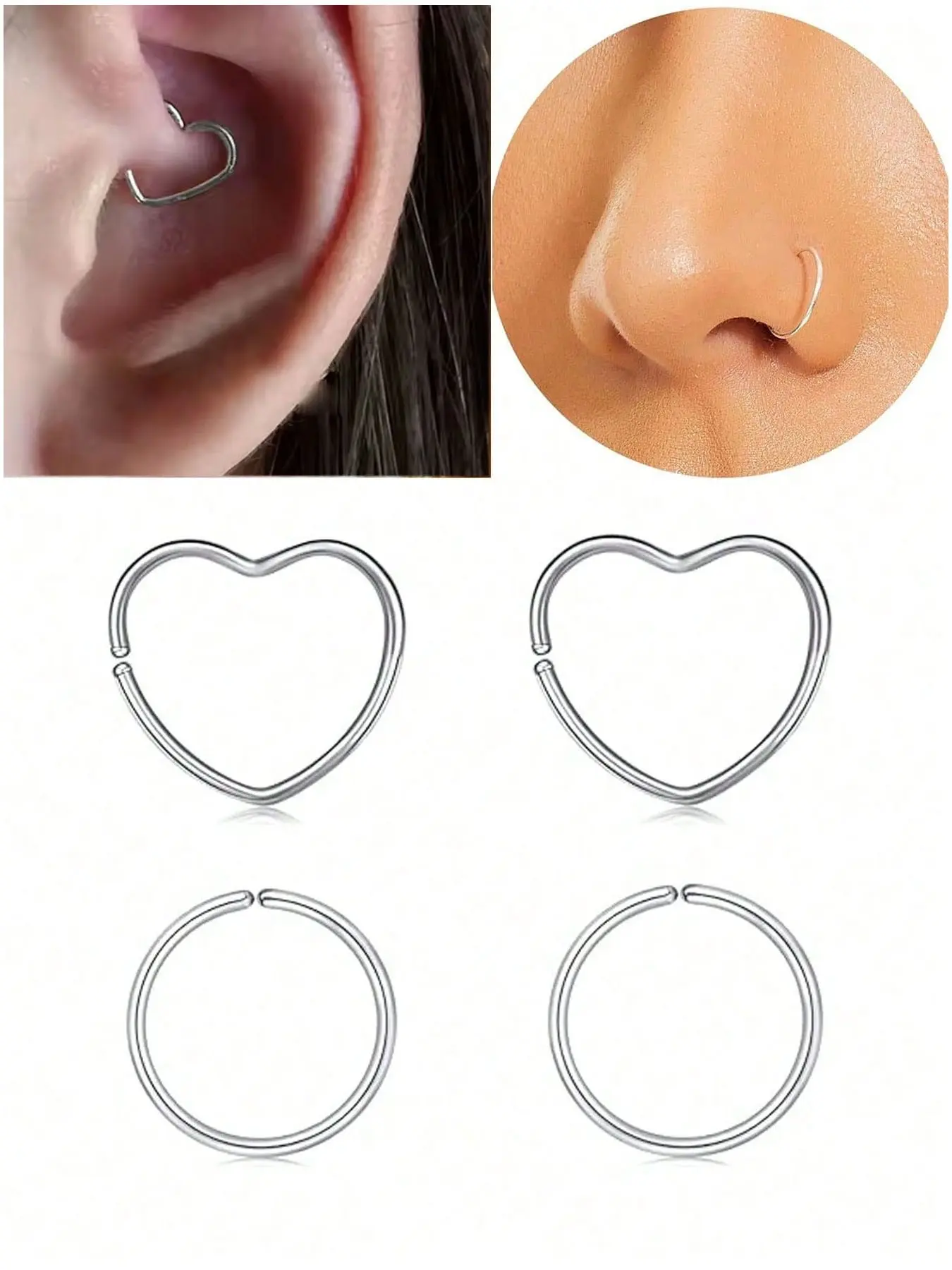 316L Surgical Steel Piercing Hoop Set, Heart Shape Seamless Nose Rings & Plain Round Septum Hoops, Hypoallergenic Reusable Multi-Purpose Nostril Helix Cartilage Ear Piercing Jewelry Combo