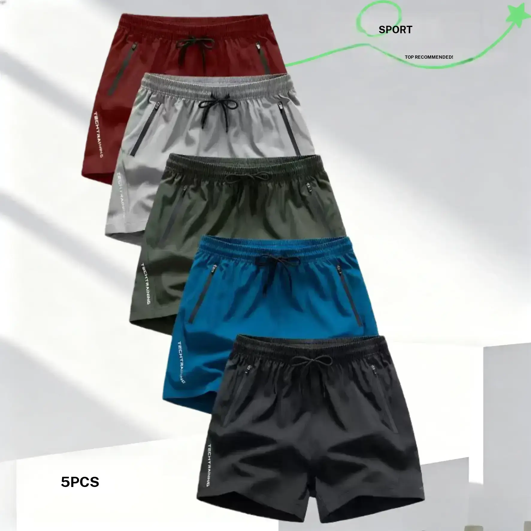 Five piece men's drawstring zipper shorts set, featuring a casual sports style, suitable for various outfits. The drawstring design fits snugly, while the zipper pockets are practical and convenient. The fabric is lightweight and breathable, making it per