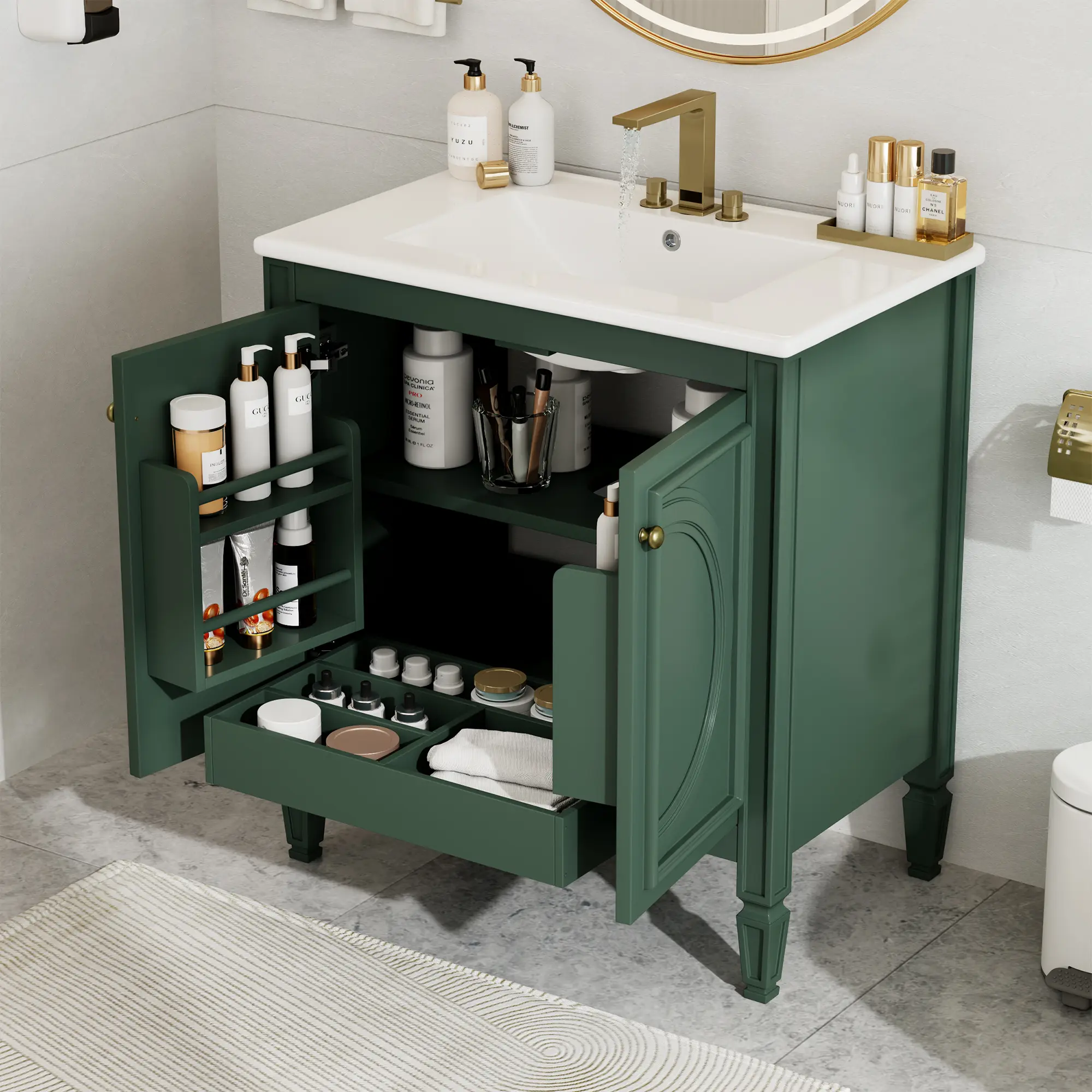 ARCH 30 Inch Bathroom Vanity with Ceramic Sink, Green Vintage Style Floor Cabinet, Two Soft-Close Doors, Drawer, Adjustable Shelf, MDF and Rubber Wood, for Bathroom Storage and Organization, Green Color Options, Ceramic+MDF/Rubber Wood Material