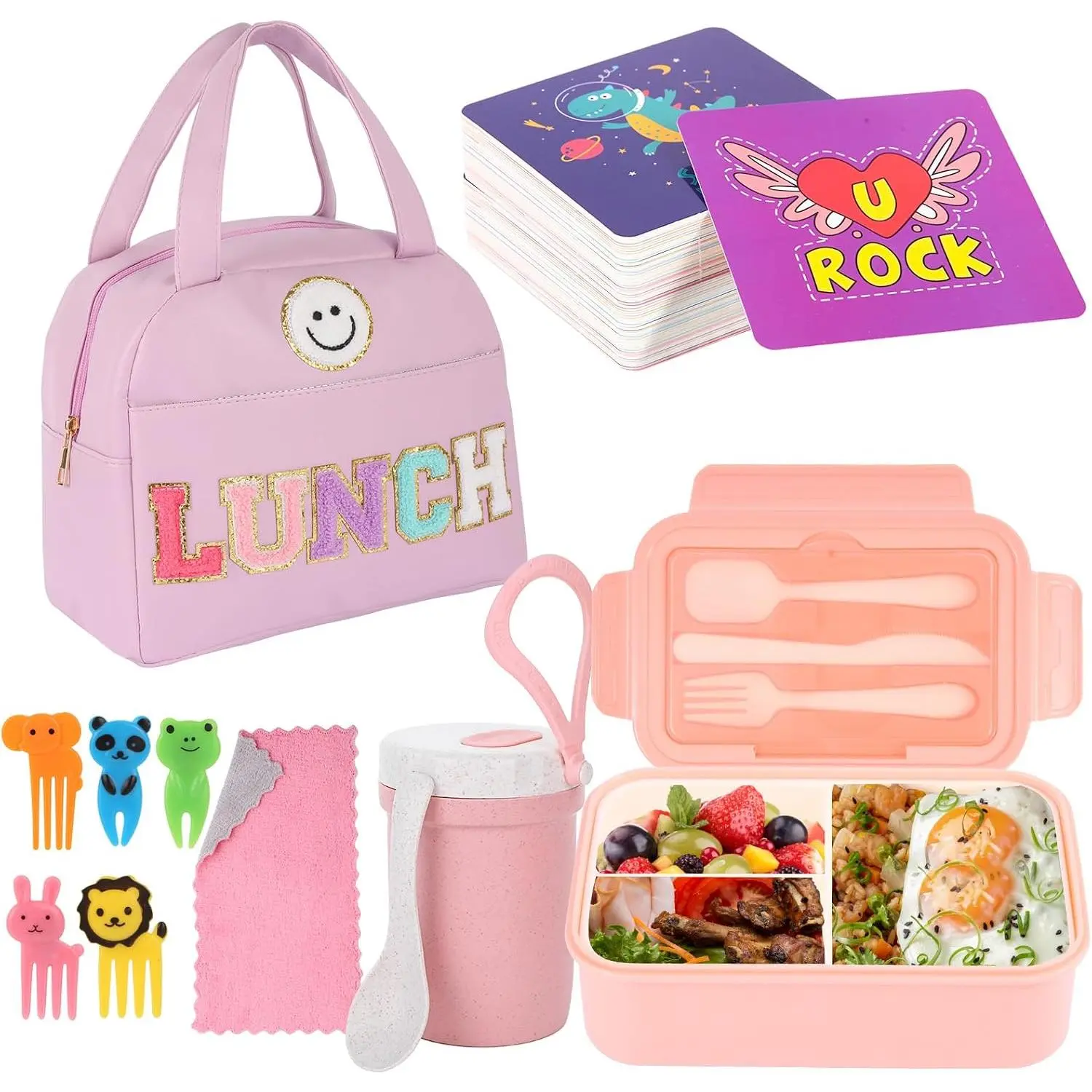 77 count Bento Box Lunch Box Kit Large  Insulated Lunch Bag 3 Layer Stackable Leakproof Lunch Box Containers with Cup,Lunch Bag,Spoon,Fork,60 Pieces Lunch Box Notes for Girl Women ()