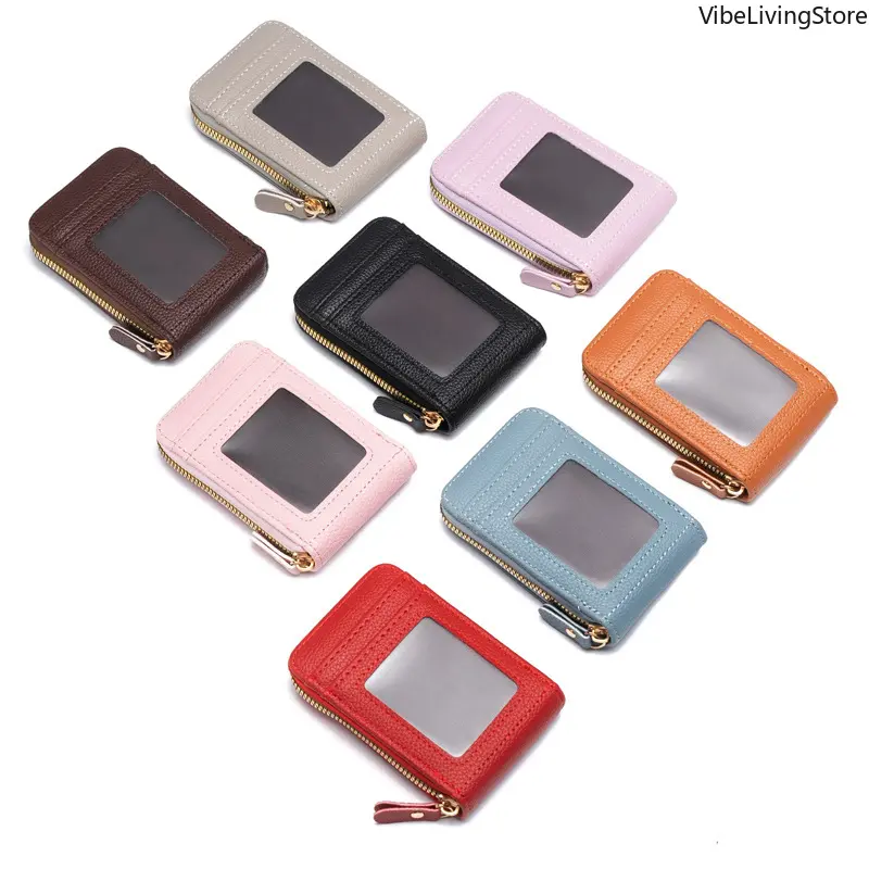 Zipper RFID Blocking Card Holder Wallet with ID Window, Lychee Grain Faux Leather Multi-Slot Credit Card Case, Mini Coin Purse for Daily Cards & Change Storage
