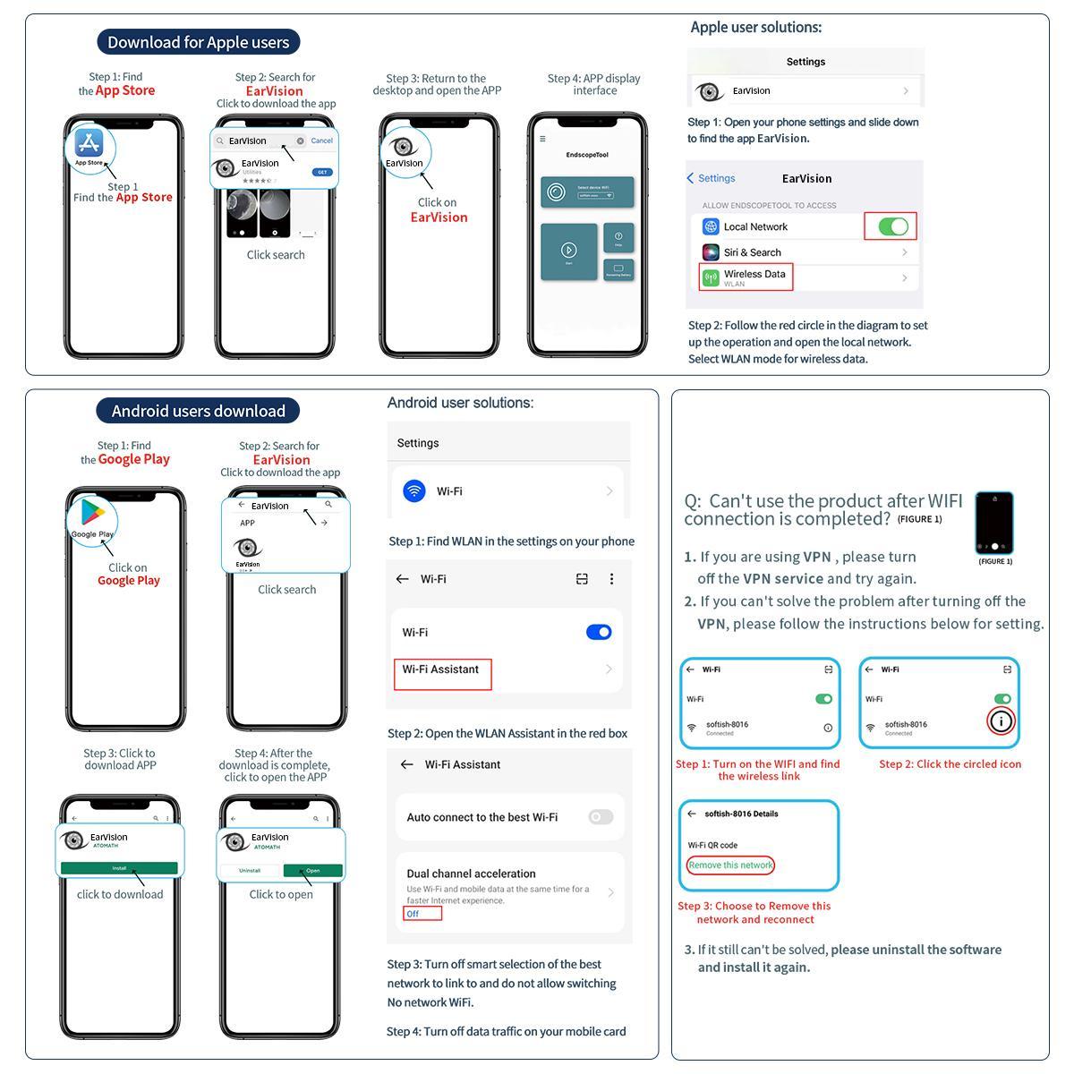 1pc Ear Wax Removal Tool Camera with 8 Pcs Ear Set, Visible Wireless Ear Scope 6 LED Lights, Ear Cleaning Kit with 5 Ear Spoon, Ear Cleaner for iOS & Android, Ear Wax Remover
