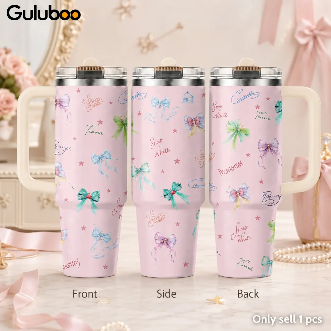 Princess Name Bow Pattern Vacuum Flasks 40oz 3rd Gen Vacuum Insulated Stainless Steel Tumbler with Handle, Straw Lid, Leak-Resistant Travel Mug for Water, Coffee, Gifts, Office, Gym & Car Cup Holder