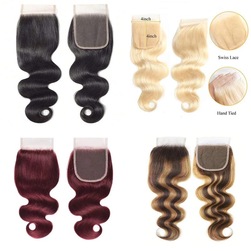 3/4 Bundles With Closure Body Wave Highlight Burgundy 99J Human Hair 4x4 Lace Front With 3 Bundles Brazilian Hair For Women