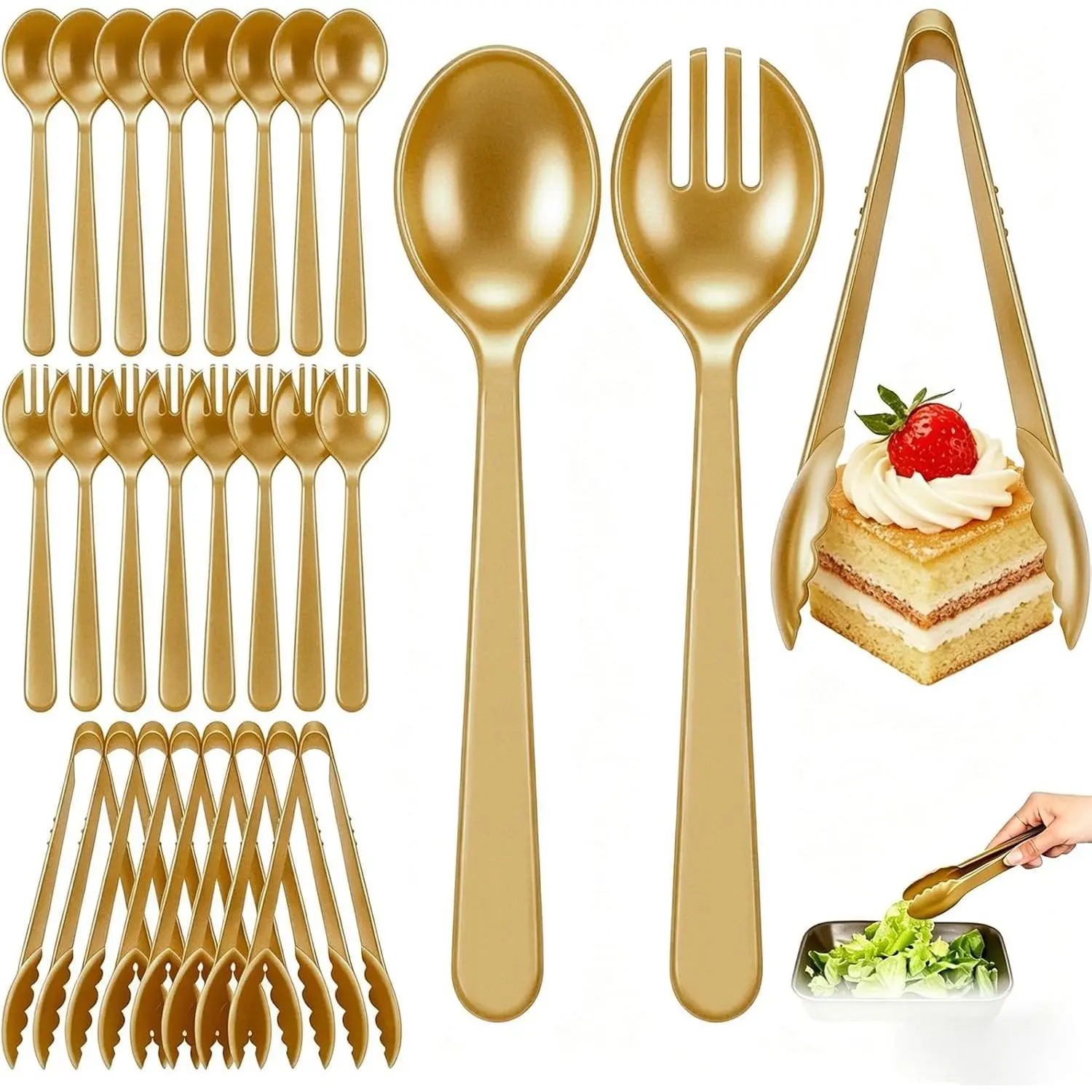24 Pcs Gold Heavy Duty Disposable Plastic Serving Utensils Set (8 Spoons, 8 Forks, 8 Tongs), BPA-Free Catering Supplies for Buffets, Parties, Weddings & Events