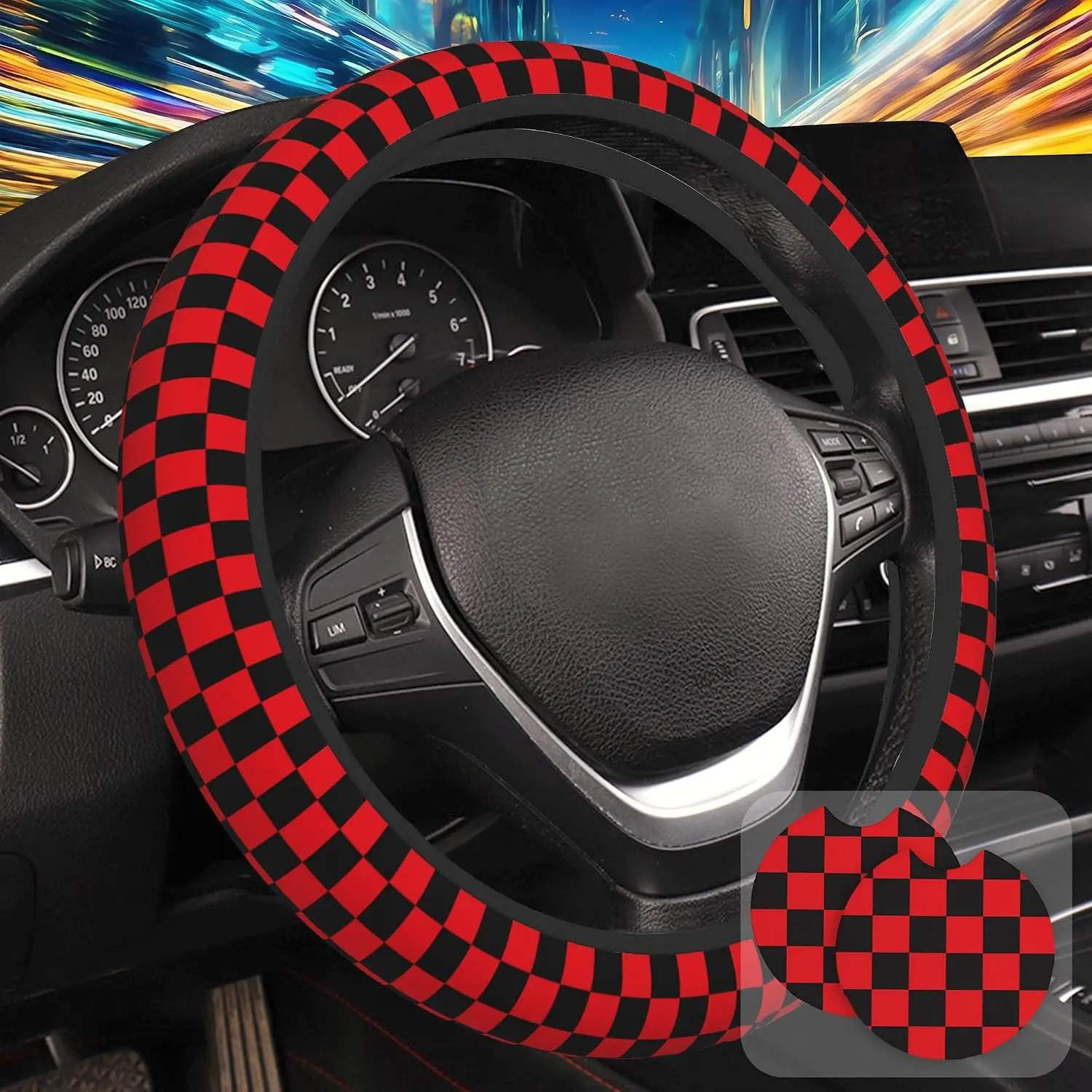 Black and Red Checkered Steering Wheel Cover with 2 count  Coasters Neoprene Steering Wheel Cover for Women Men Anti-Slip Breathable  Accessories  15 Inch Fit Auto