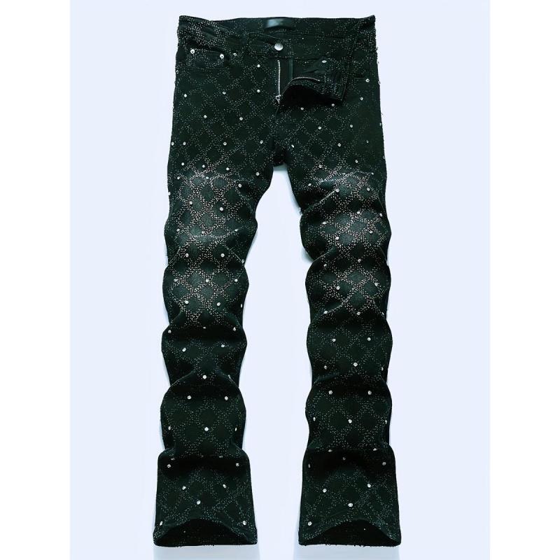 Y2K Men's Shiny Rhinestone Embellished Stretch Slim-Fit Jeans, Casual Street Style Hip-Hop Skateboarding Rap Pants, Machine Washable - All-Season Wear