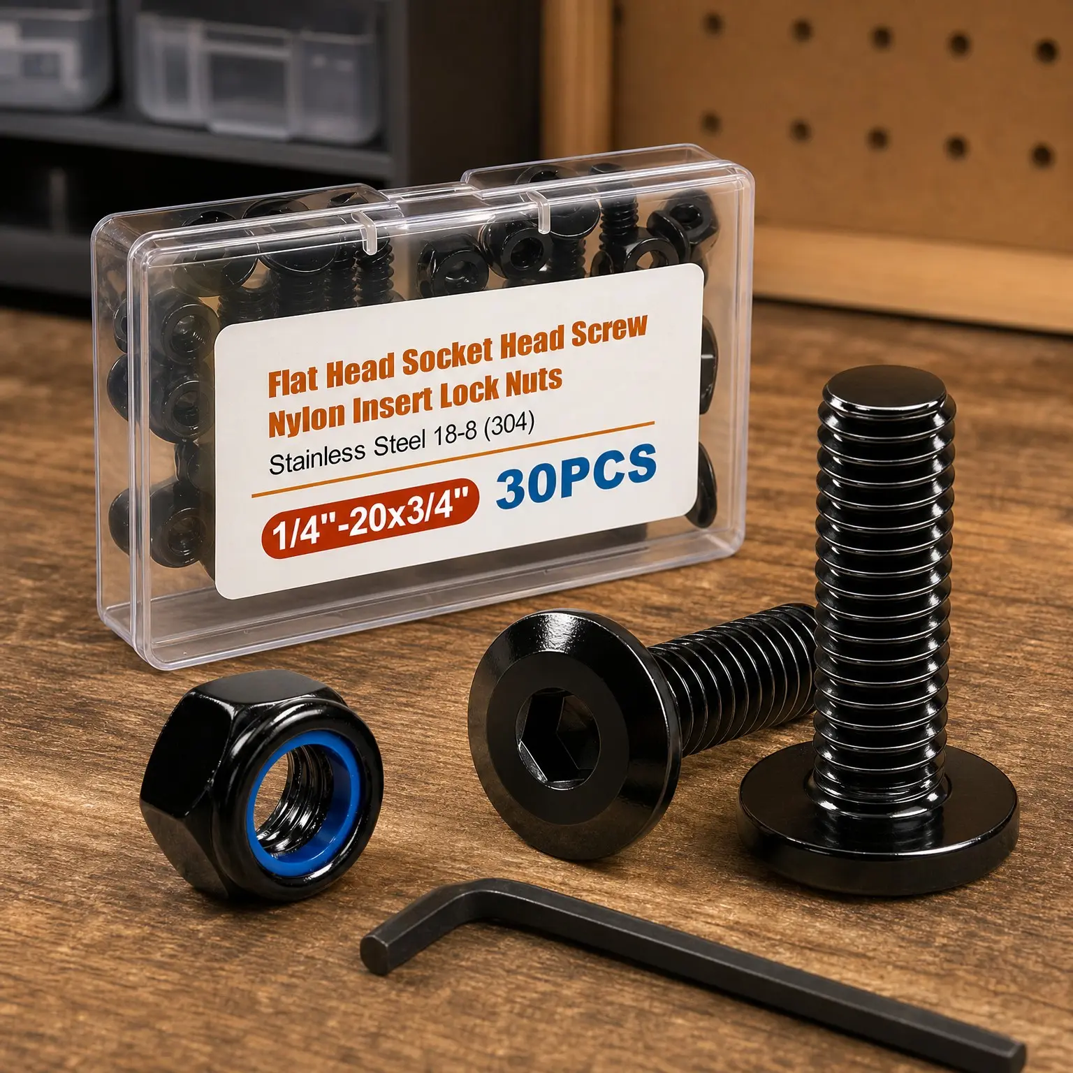 30pcs 1/4-20 x 3/4" Stainless Steel 18-8 (304) Flat Head Hex Socket Cap Screws and Nylon Insert Lock Nuts with Hex Wrench