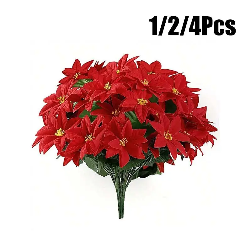 1/2/4 pieces 13in Poinsettia Artificial Poinsettia Flowers, 7 Heads Red Christmas Flowers, Fake Shrub Poinsettia Flowers for Home Christmas Tree Table Wedding Decoration Home Decoration