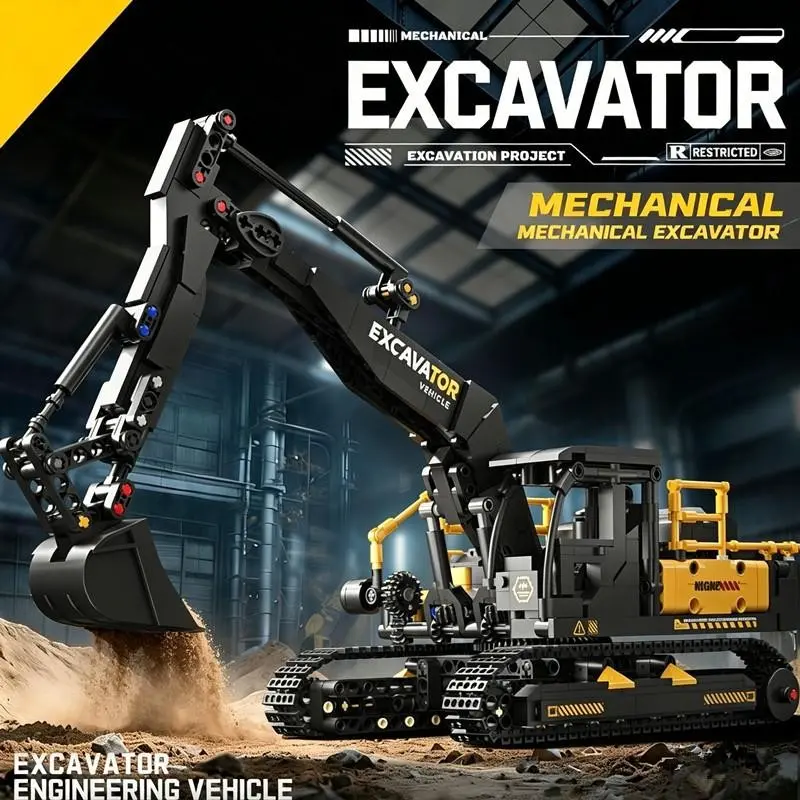 1 Engineering Construction Vehicle Building Kit, Realistic Black Excavator with Movable Mechanical Arm, Brick Toy for Kids Teens Adults 12-16+, Birthday Gift, 2026 Trending Hobby Choice
