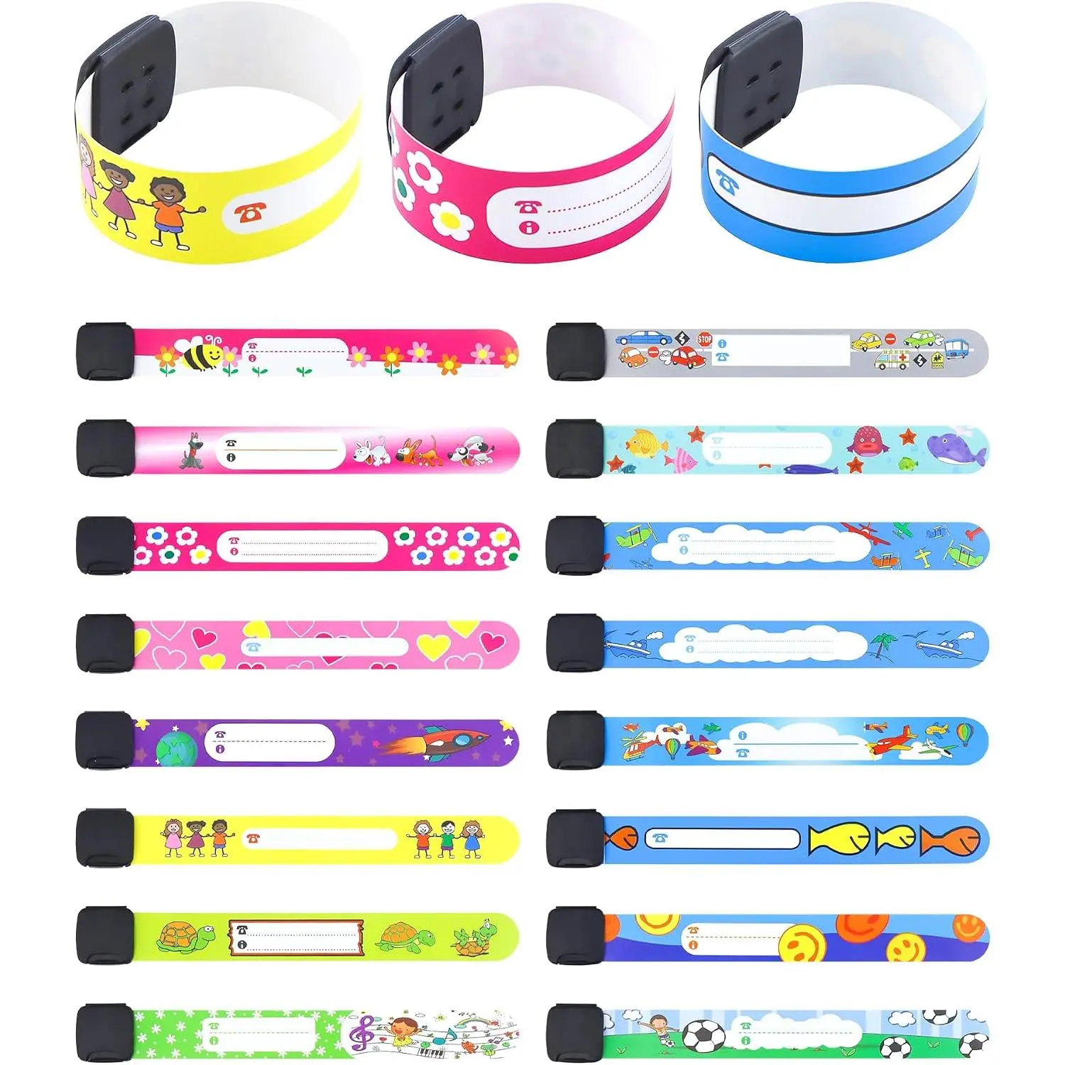 Safety ID Wristbands with Synthetic Strap - 16 Count, 16 Styles, Adjustable ID Wear for Boys Girls (Safety Bands for Kids)