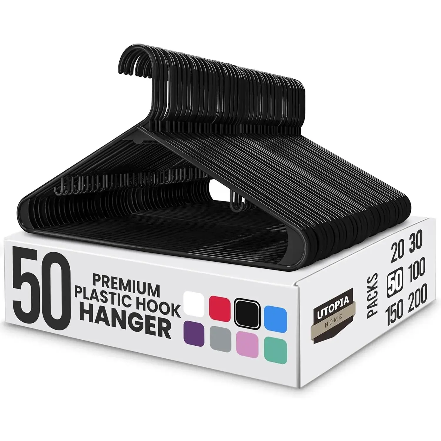 50-Pack Black Wheat Plastic Rectangular Clothing Hangers - Space-Saving, Durable Home Closet Organizer with Built-In Strap Hooks for Shirts, Pants, Built-In Hooks
