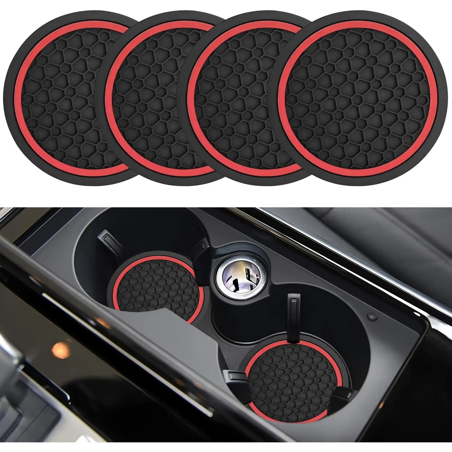 4 count  Cup Holder Coasters, Auto Non-Slip Insert Water Bottle Holder Pads, Automotive Interior Accessories Mat for ,,RVs and  (Black/Red)