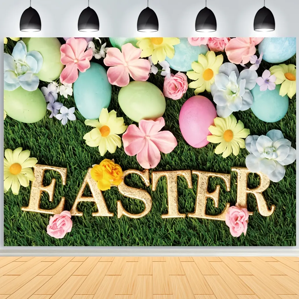 Polyester Easter Photography Backdrop - Spring Green Grass & Colorful Eggs Print, Lightweight Foldable Party Decor for Portrait Studio, Room Home Decor