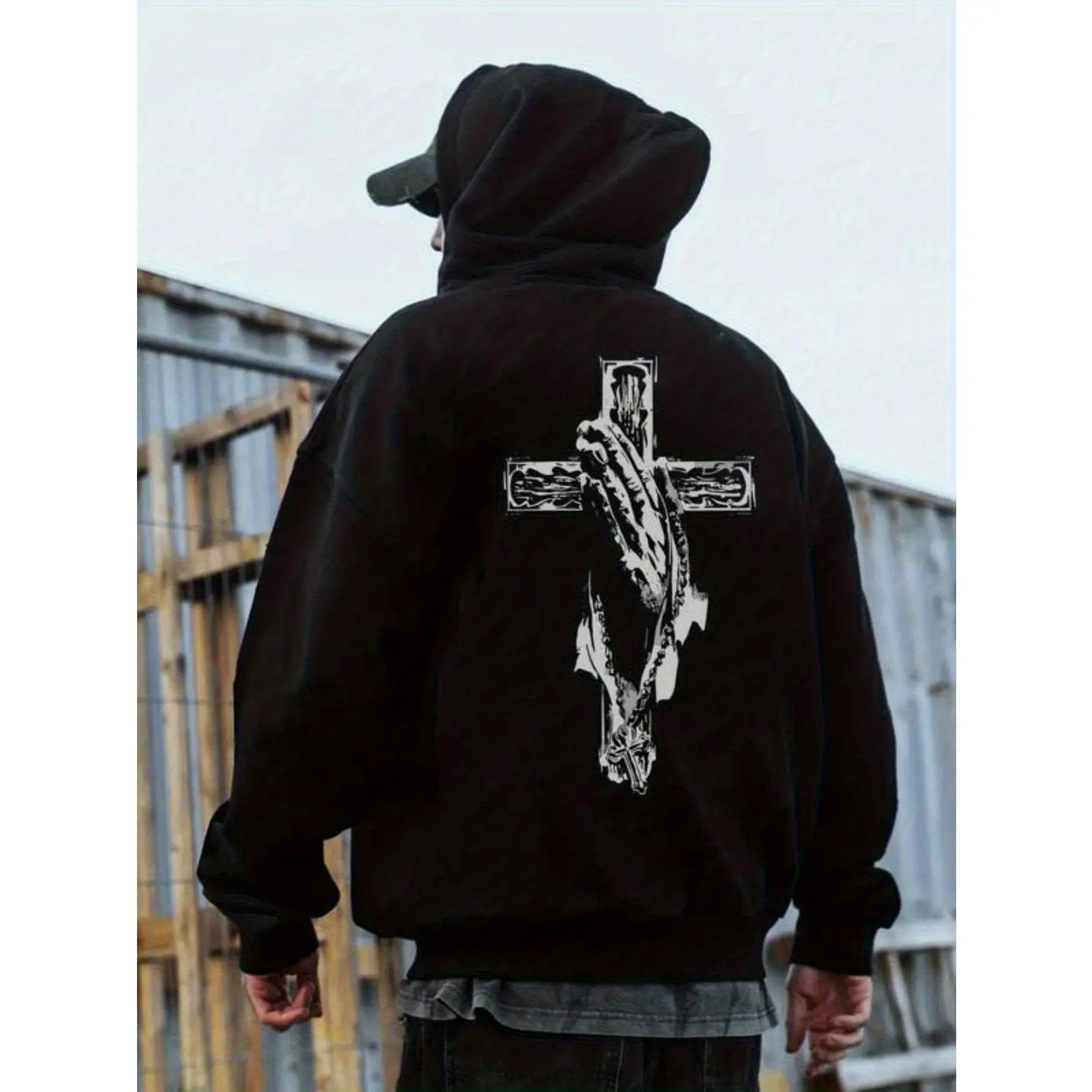 1pc Hoodie |   100%, Cross Pattern Print, Men'S Casual Long Sleeve Drawstring, Autumn and Winter, Classic Black Pullover with Kangaroo Pocket, cotton, Perfect for Game Day & Casual Attire for Men