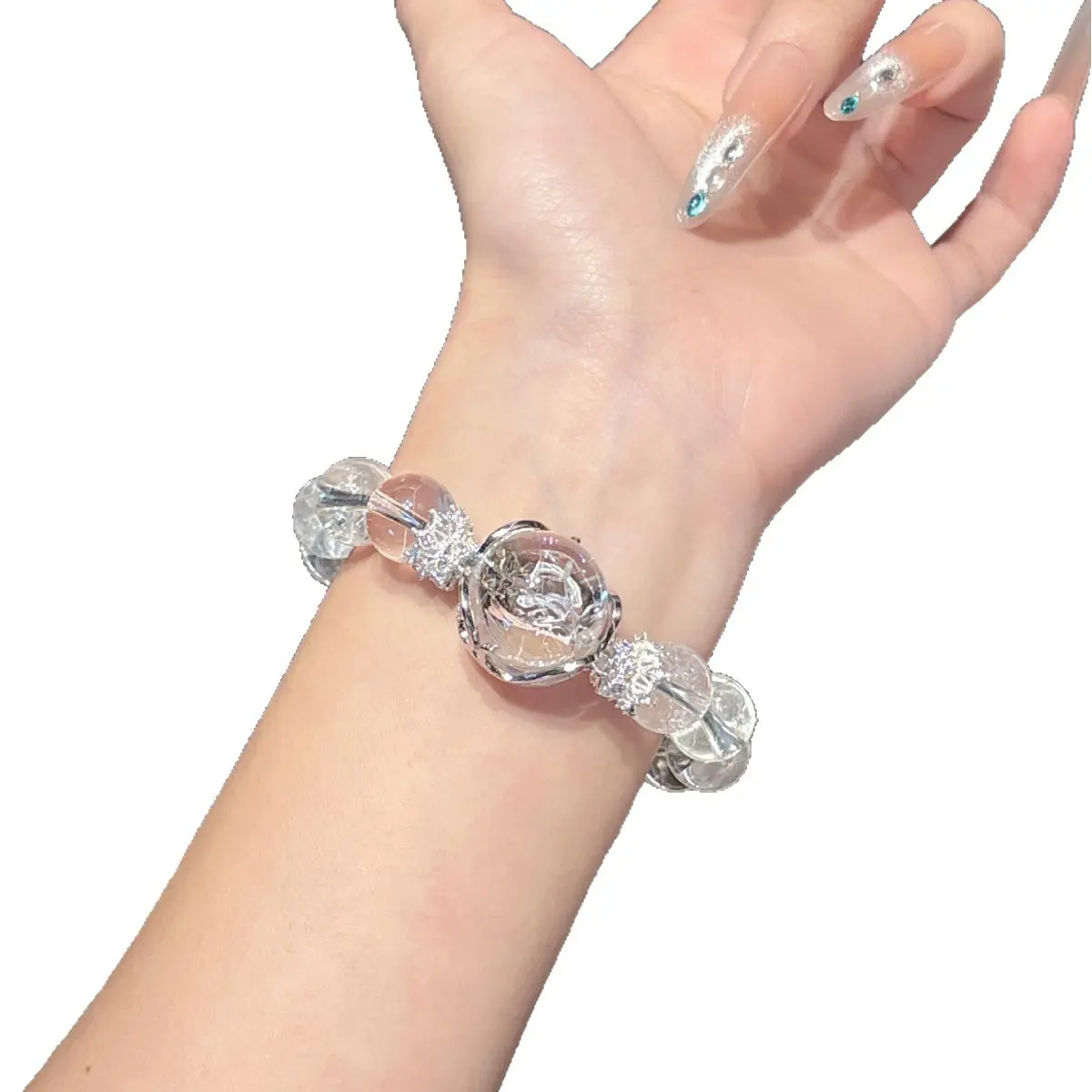 「Blizzard Shimmer」Natural Crackle Clear Quartz Beaded Bracelet | Premium Glossy Transparent Elegant Fashion Bracelet for Women