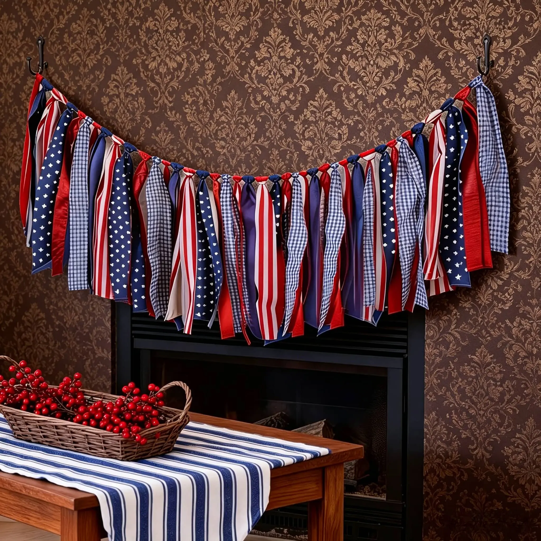 Patriotic Bunting, Star and Stripes Ribbon Banner for 4th of July Independence Day, Indoor Party and Home Wall Decor, Plain, Silicone, Decorative