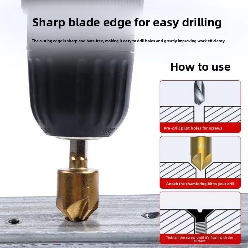 Six-piece woodworking chamfering tool set, five-blade chamfering knife, wood countersink drill, deburring tool, woodworking hole opener set