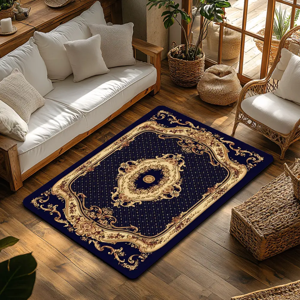 Flannel European Vintage Royal Floral Area Rug, Dark Blue Gold Ornate Border Luxury Floor Mat #VintageRug #EuropeanStyleRug #RoyalFloralDesign #FlannelRug #LivingRoomDecor