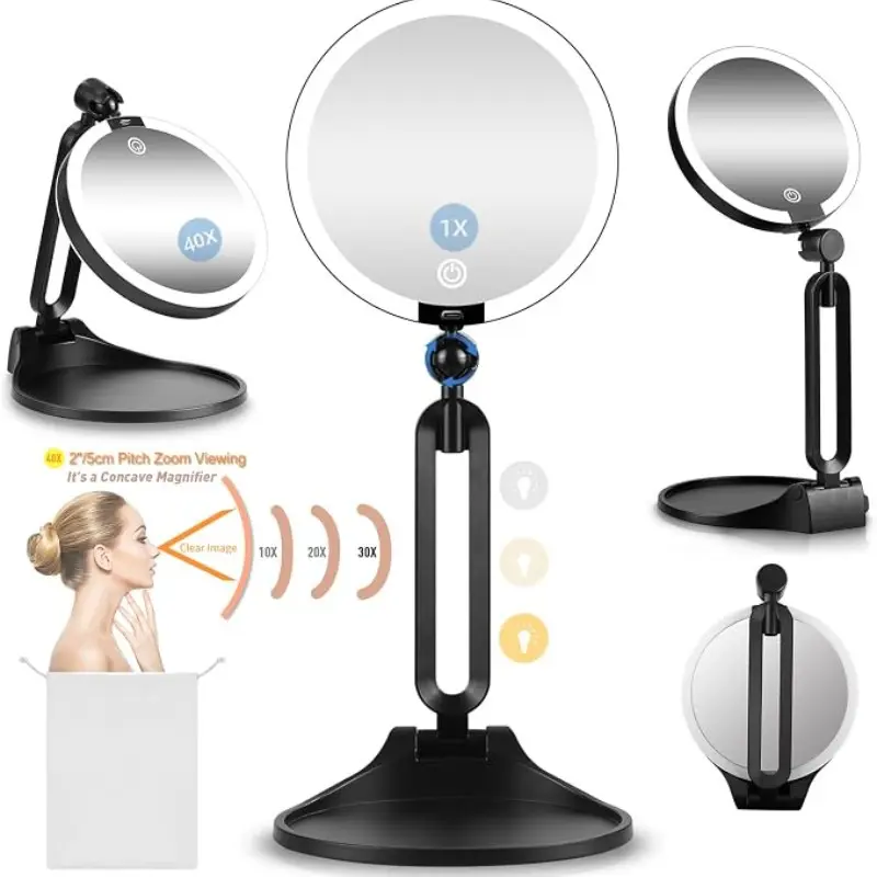 Portable Foldable LED Makeup Mirror, Dual-Sided 1/20x Magnifier, Touch Control Three-Color Lights, Rechargeable Travel Beauty Mirror, Lighted Makeup Mirror