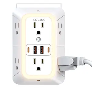 6-Outlet Wall Mounted Surge Protector Wall Outlet Extender, Wall Socket Extender with 4 USB Ports, Night Light & Touch Control Switch, Wide-Spaced Power Strip for Home Office, Power Outlets Strip