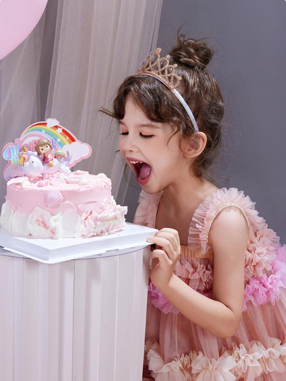 Girls' birthday princess dress rainbow pink strap tulle dress outdoor princess photoshoot high-end fashionable lace dress for girls