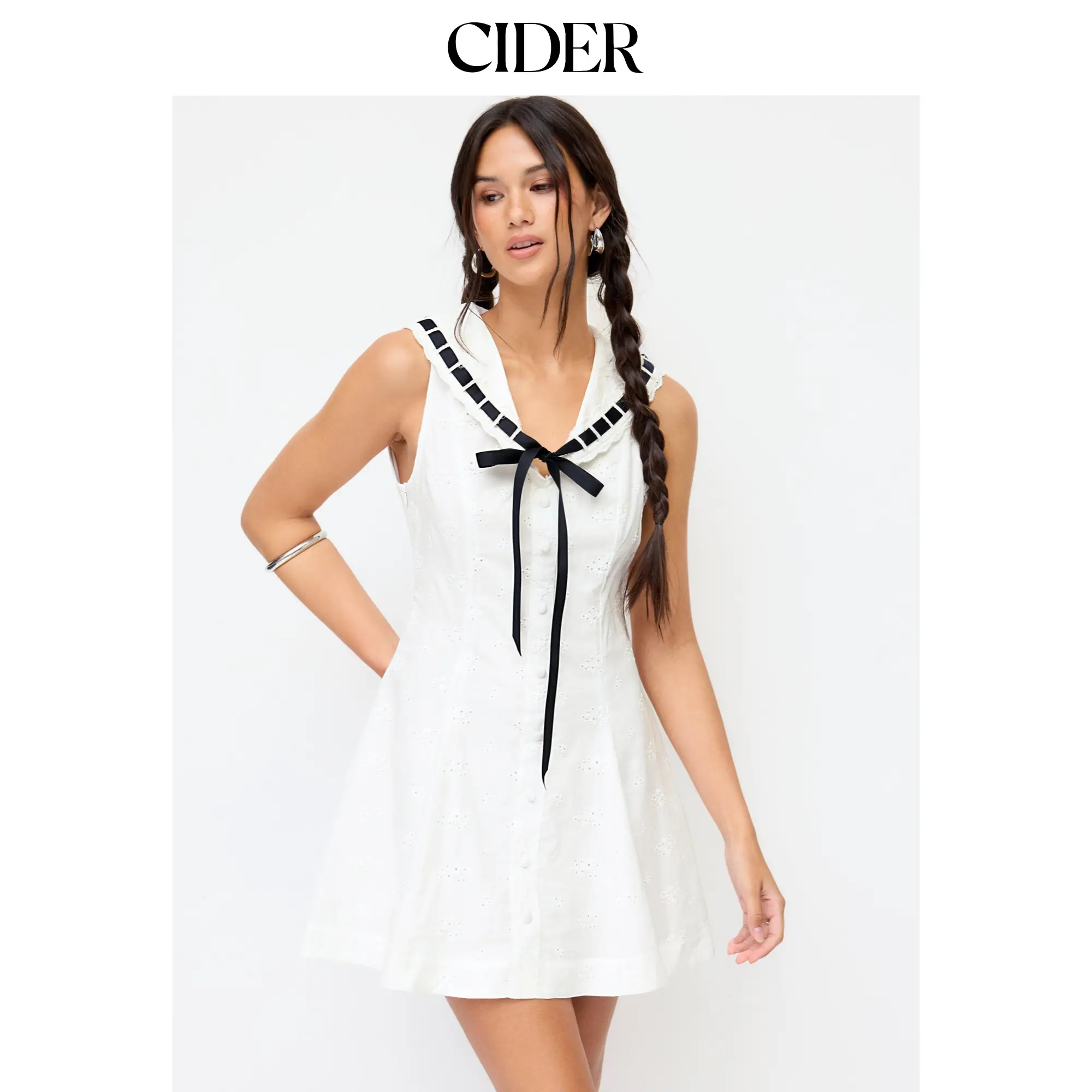 Cider Cotton Broderie Anglaise Contrast Bowknot Flared Mini Dress SohoChic