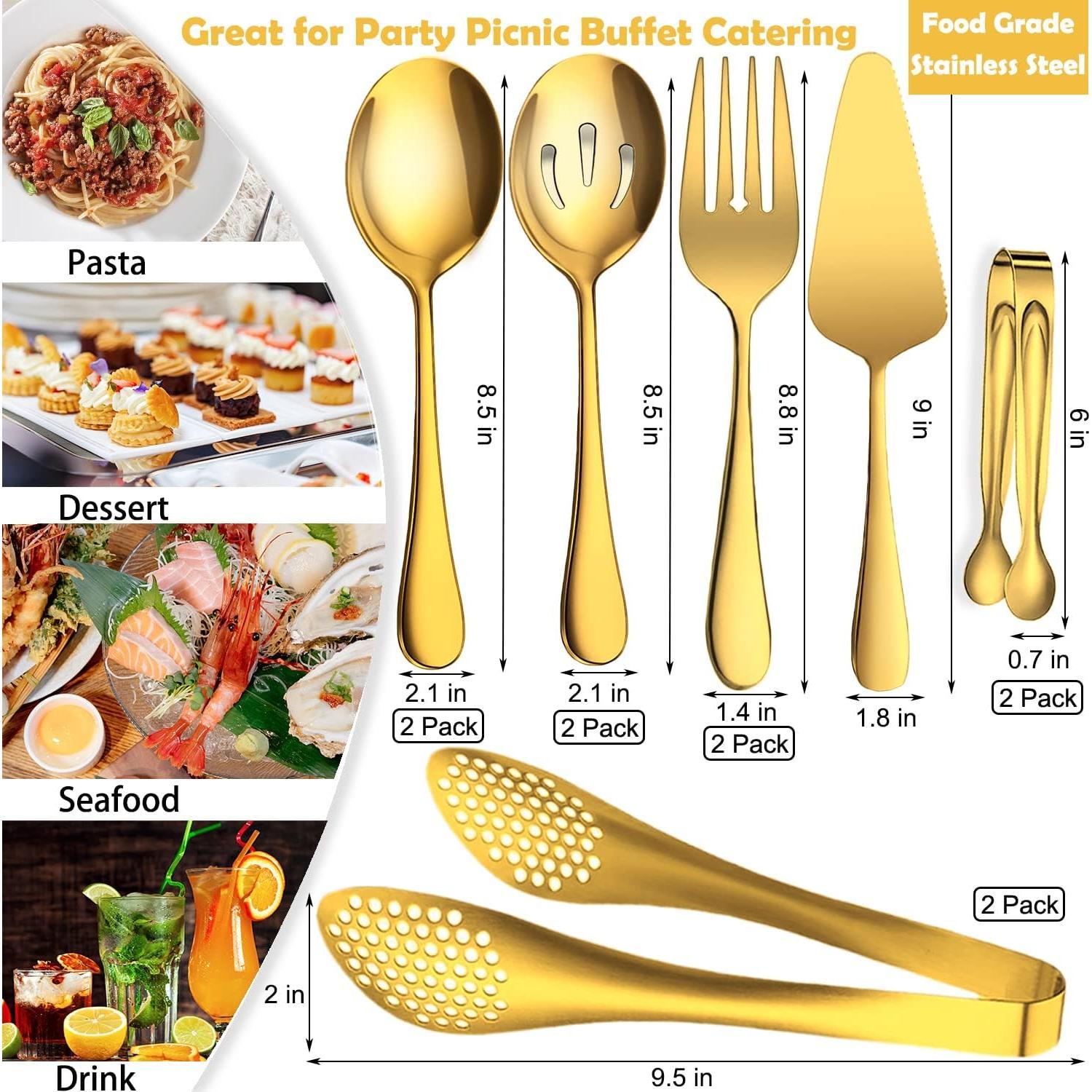 11 count Serving Utensils, Large Stainless Steel Spoons Forks Tongs, Pie Server,  for Hostess Buffet Catering Banquet Party,