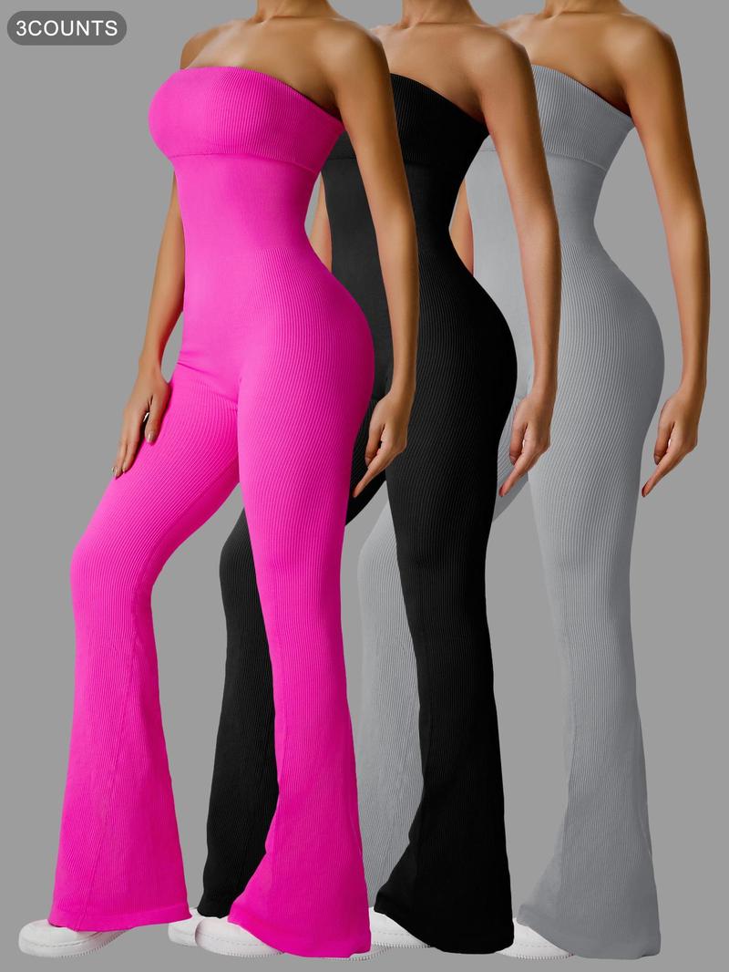 Women's Sexy Yoga Ribbed One Piece Tube Jumpsuit Rompers Flared Trousers Tights Push-up Sports Bodysuit Women Fitness Suit Workout Sportswear Gym Sportswear Jumpsuits