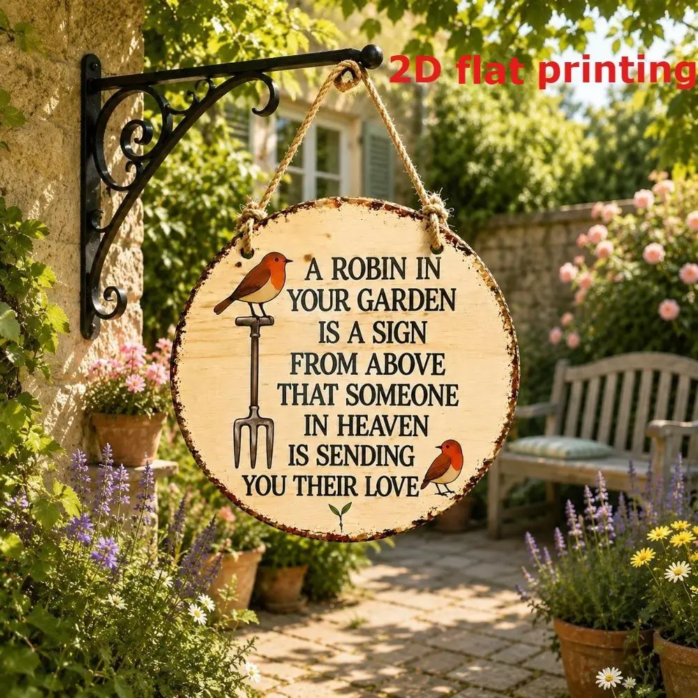 Robin Garden Sign From Heaven Wood Sign Round Memorial Plaque for Garden Wall Decor